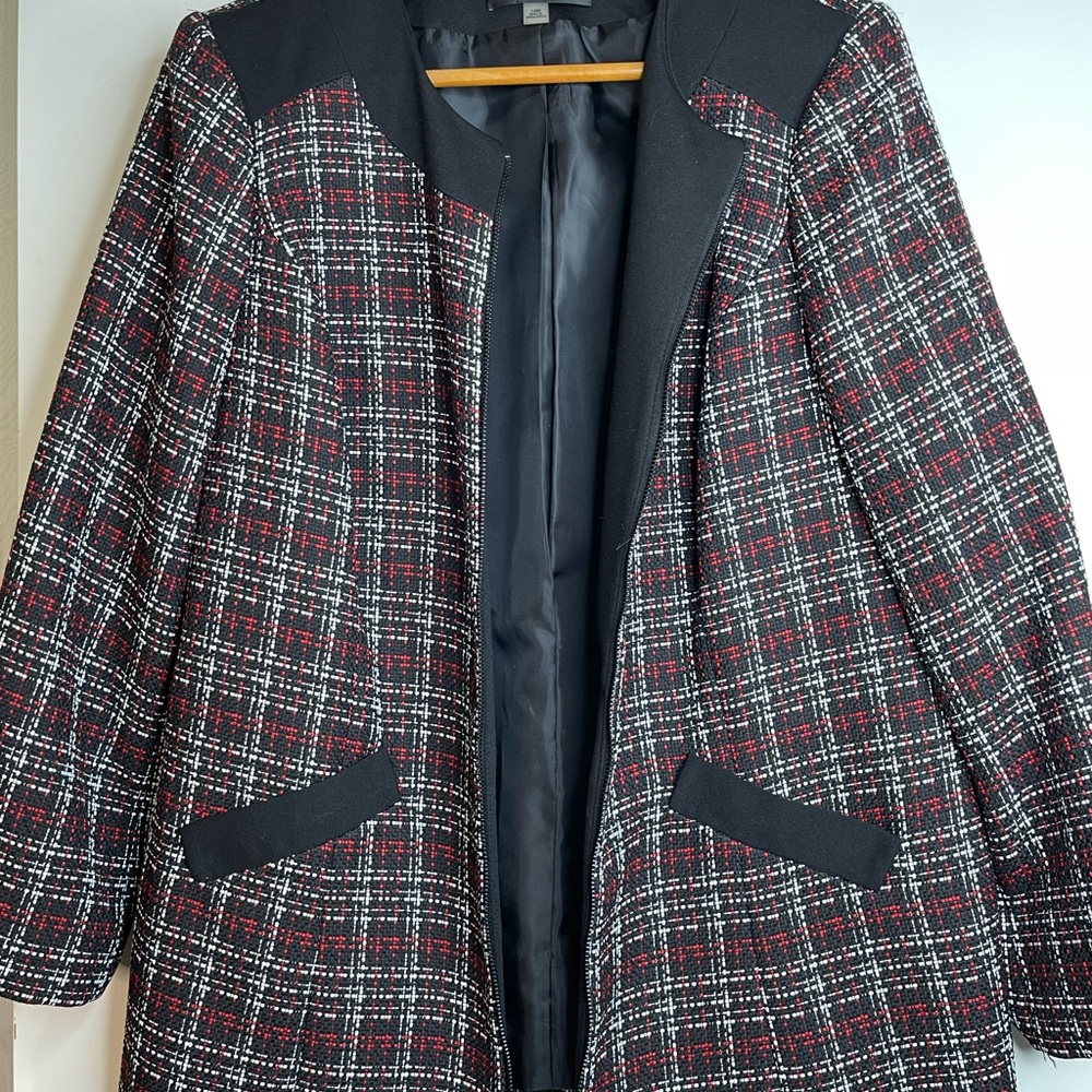 Kasper Red/Black Plaid Tweed Wear to Work Long Blazer size 12 full zip - Picture 4 of 8